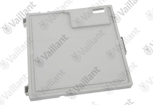 Vaillant Produktabdeckung in hellgrauer Farbe, quadratische Form mit Aussparungen und Halterungen an der Seite.